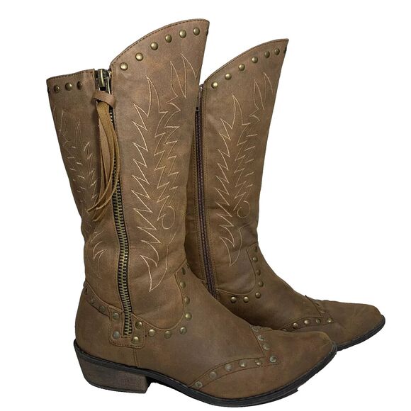 Coconuts Winchester Western Women’s 9M Cowboy Boots Brown Studded Side Zip - Picture 1 of 4